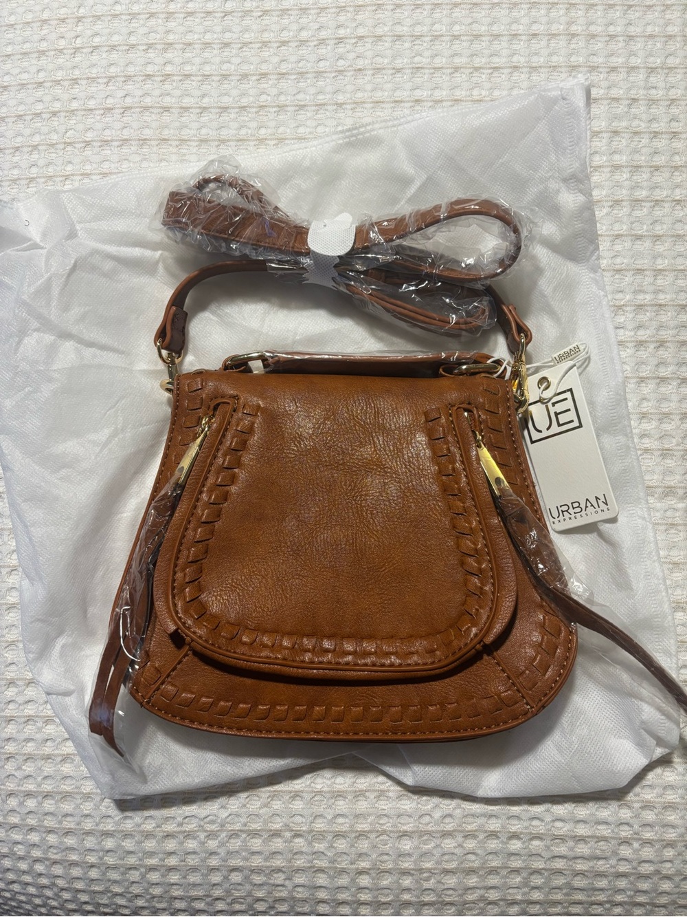 Urban Expressions Cognac Faux-Leather Woven Saddle Crossbody